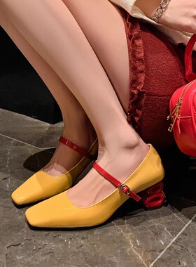 6cm真皮粗跟浅口一字式玛丽珍鞋女高跟方头黄色气质优雅百搭单鞋