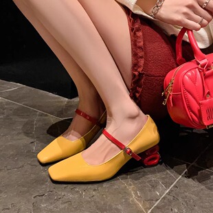 6cm真皮粗跟浅口一字式玛丽珍鞋女高跟方头黄色气质优雅百搭单鞋