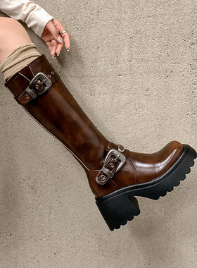 真皮厚底高筒靴女皮带扣胖mm粗腿高跟骑士靴英伦复古西部牛仔长靴