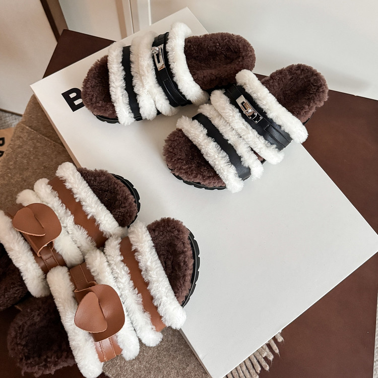 5cm锁扣厚底增高拖鞋2025新款外穿拼色一字拖加绒棉鞋洋气毛毛鞋