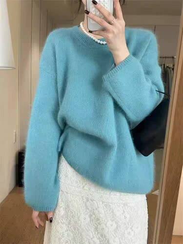 软糯孔雀蓝圆领套头马海毛毛衣女秋冬慵懒宽松可外穿内搭针织上衣