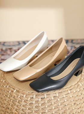 488A 方头粗跟单鞋女2025新款法式浅口中跟女鞋小众职业工作跟鞋