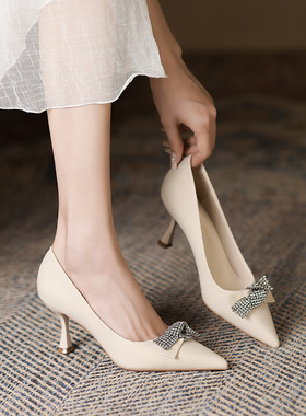 7198-3 水钻蝴蝶结高跟单鞋女职业通勤工作女鞋尖头细跟高跟鞋女