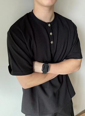 22TREE美式小众中性设计感cleanfit亨利领短袖T恤男重磅宽松体恤