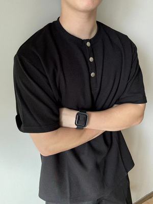 22TREE美式小众中性设计感cleanfit亨利领短袖T恤男重磅宽松体恤