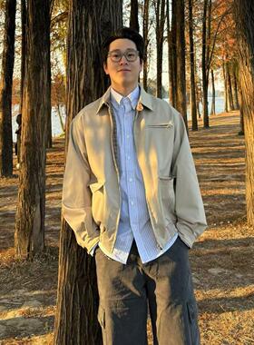 22TREE 美式复古双面穿千鸟格纯色夹克男女休闲小众百搭防风外套