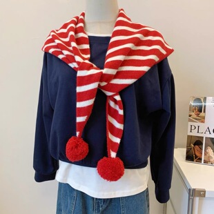 韩代款～可爱毛球针织围巾女2025新款条纹三角巾披肩外搭带球球