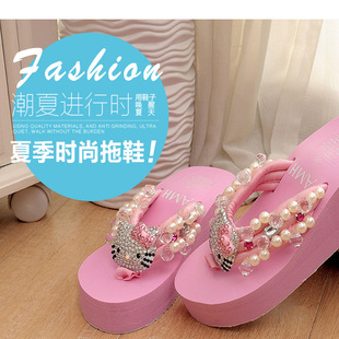 拖鞋 千禧风Kitty满钻人字拖鞋 厚底沙滩鞋 新款 女夏季