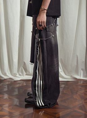 PUPILTRAVEL 25SS*Archive侧条纹拉链拼接阔腿潮牌破洞牛仔裤男