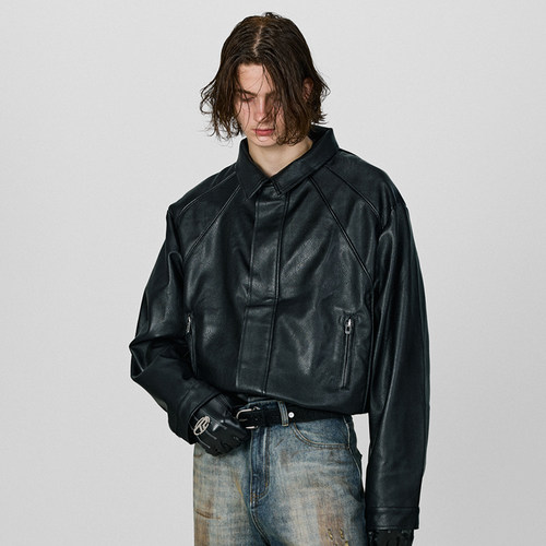 pu皮衣pt拼接翻领春秋冬boxy