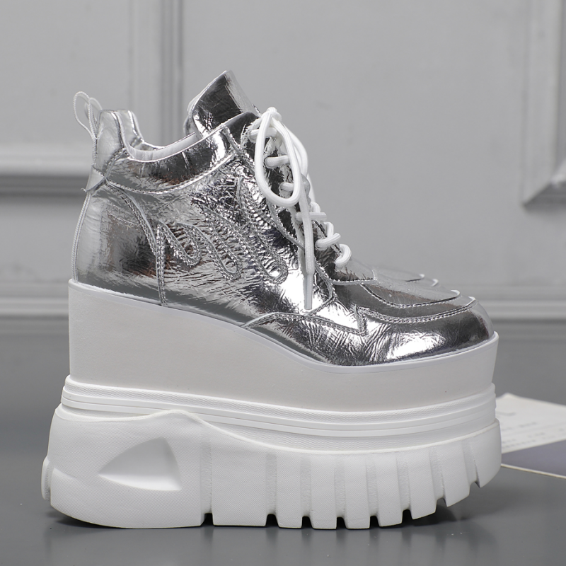 欧洲站厚底马丁靴女2025春季新款银色增高13厘米百搭坡跟短靴子