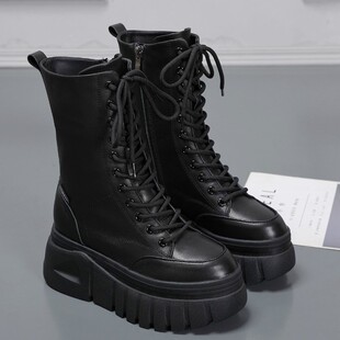 欧货网红新款真皮女靴侧拉链绑带松糕厚底马丁靴短靴中筒靴女潮牌