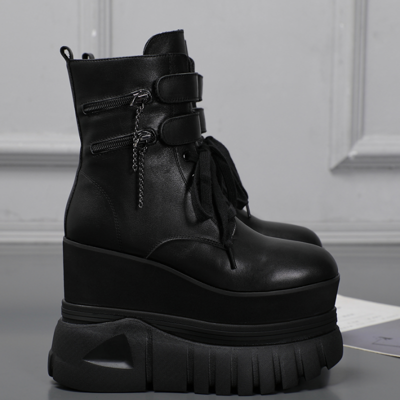 欧货黑色马丁靴女秋季2025新款中筒靴英伦厚底增高13厘米短靴子