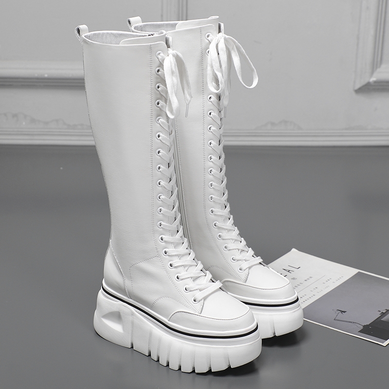 骑士靴女长筒靴2025春新款靴子白色厚底马丁靴增高8CM春长靴