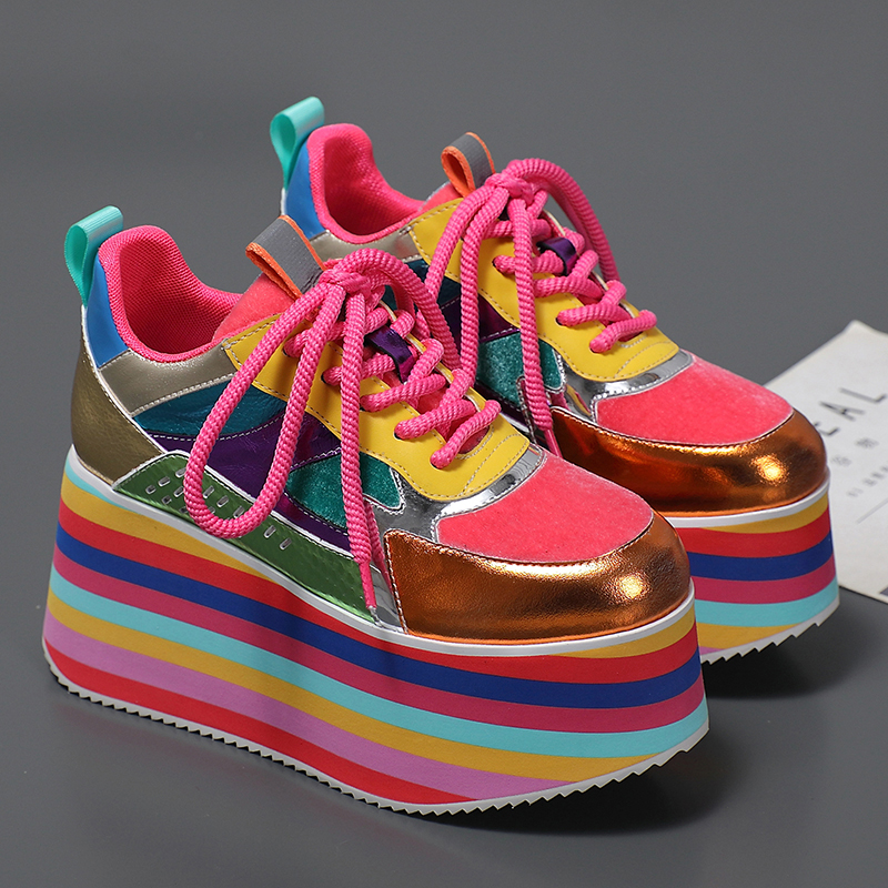 欧洲站彩虹色厚底松糕鞋女春秋季新款真皮百搭休闲单鞋增高老爹鞋