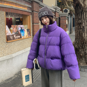 超好看紫色短款羽绒服女2024冬季新款小个子立领白鸭绒加厚面包服图片