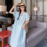 小众漂亮温柔风气质遮肉显瘦长裙2025新款蕾丝拼接蓝色连衣裙女夏，女装连衣裙，杭阁服饰