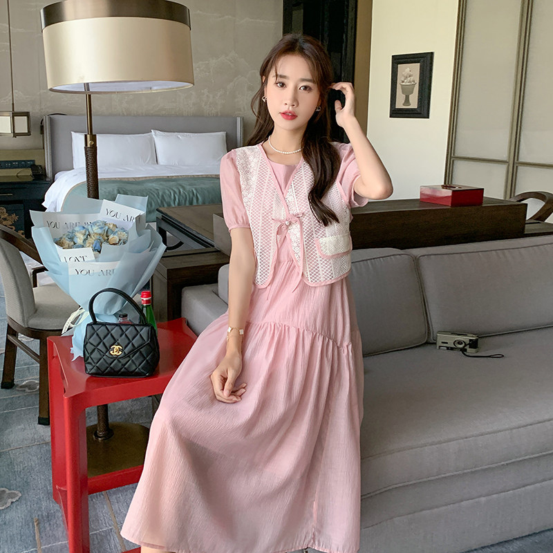 粉色蕾丝提花马甲连衣裙2025夏季新款温柔甜美减龄显瘦连衣裙,女装连衣裙,杭阁服饰