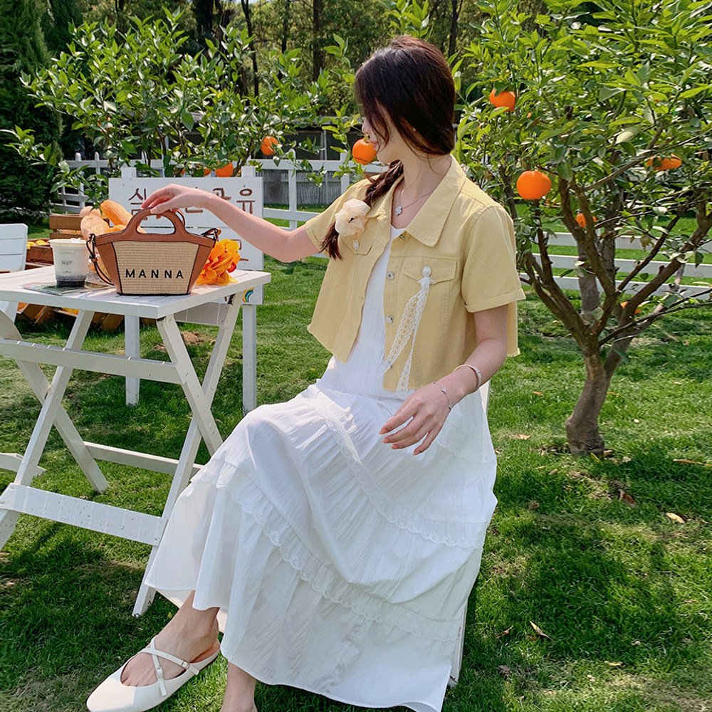 夏季新款时尚短袖外套花边吊带裙女2025甜美少女感穿搭,女装连衣裙,杭阁服饰