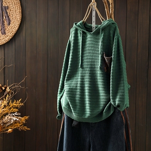 条纹气质保暖针织衫 宽松连帽毛衣女文艺显瘦长袖 套头上衣 新款 秋季