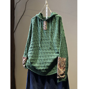 贴布气质保暖针织衫 宽松连帽毛衣女文艺显瘦长袖 套头上衣 新款 秋季