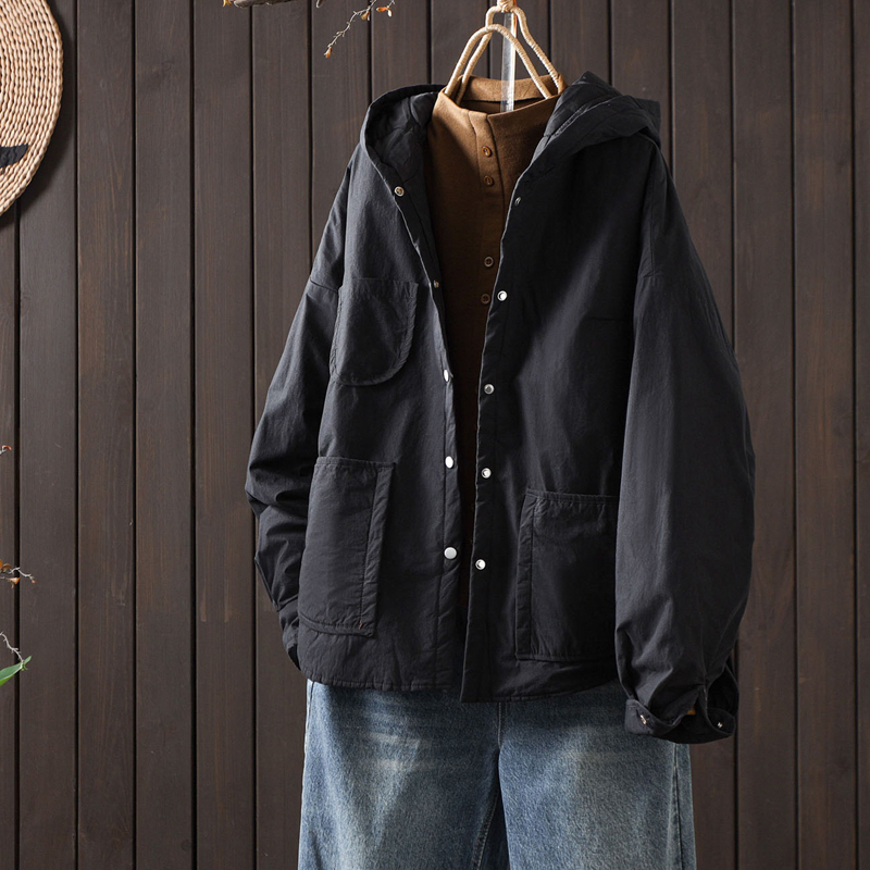 冬季宽松连帽棉袄女士纯色轻薄夹棉工装棉衣短外套多口袋保暖棉服