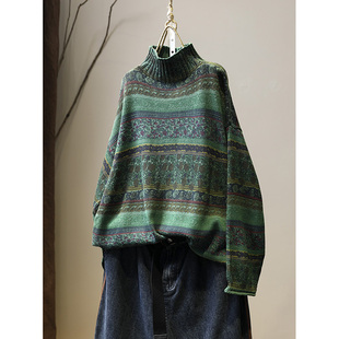 复古套头保暖针织衫 宽松半高领毛衣女文艺显瘦长袖 女线衣 新款 秋季