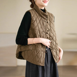 羽绒马甲女复古盘扣纯色菱格马夹 宽松立领轻薄款 90白鸭绒