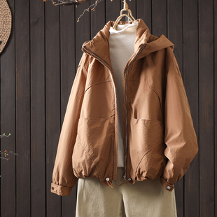 冬季 口撞色设计感轻薄棉衣夹棉外套菱格保暖棉服 宽松连帽棉袄女袖