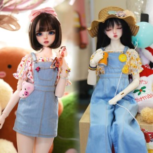 bjd4分3分娃衣浅蓝牛仔背带裤/裙 粉黄松紧泡泡袖一字肩上衣现货