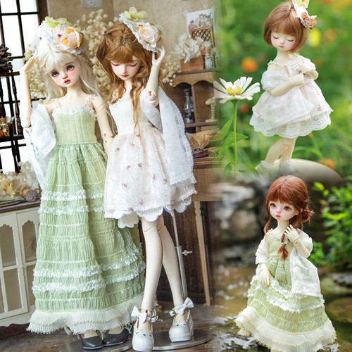 bjd4分3分6分绿白双色针织吊带裙披肩花朵草帽小套装成品娃衣