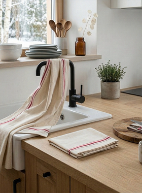 红色条纹厨房巾复古布艺餐巾经典茶巾烘培布质感氛围背景布抹布