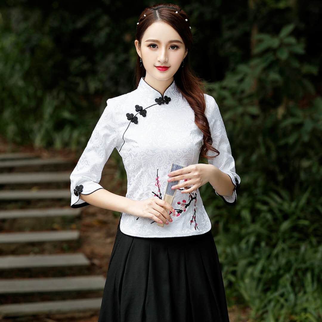 中袖旗袍上衣2024新款复古中国风少女士中长款两件套连衣裙茶服