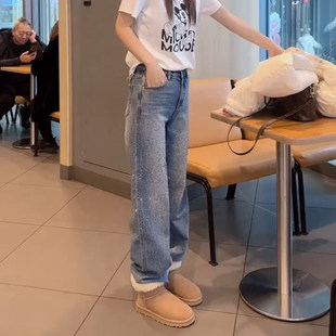 2026春季新款满天星烫钻高腰修身直筒裤大码女装时尚百搭牛仔裤