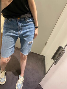 破洞牛仔短裤女夏季薄款高腰修身显瘦小个子百搭毛边直筒五分裤