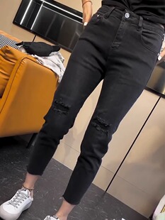 2025年春秋新款破洞修身小脚牛仔裤女大码高腰弹力毛边九分铅笔裤