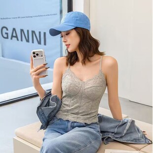 春夏薄款 马甲线蕾丝吊带内衣女性感V领背心内搭外穿上衣带胸垫显