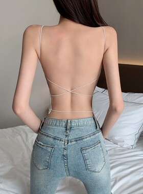夏季港味chic性感百搭美背露背交叉细带冰丝U领吊带背心修身上衣