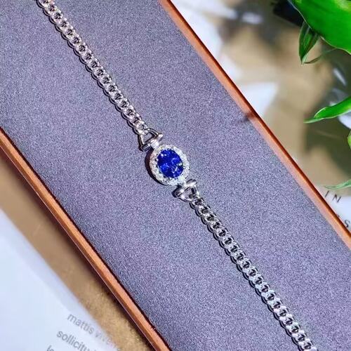 18K金女镶南非高品质钻石 1.08克拉天然矢车菊蓝宝石手链真金真钻