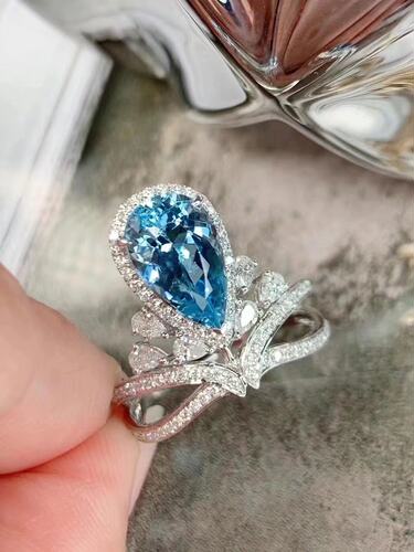 18K金女镶南非高品质钻石2.1克拉天然海蓝宝石戒指真金真钻送证书