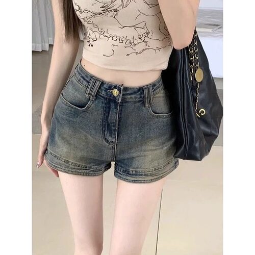 美式复古高街牛仔短裤女夏季薄款辣妹高腰修身显瘦做旧a字热裤子