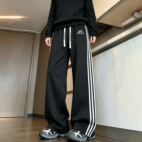 三条杆休闲裤子女款春秋季运动裤显瘦高腰潮流爆款条纹直筒女裤子
