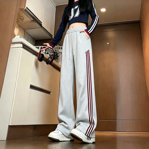 运动裤女春秋新款宽松休闲裤高腰显瘦美式潮流条纹拼接直筒长裤子