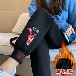 加绒裤子女款秋冬季宽松束脚休闲裤加绒加厚卫裤女士运动哈伦裤潮