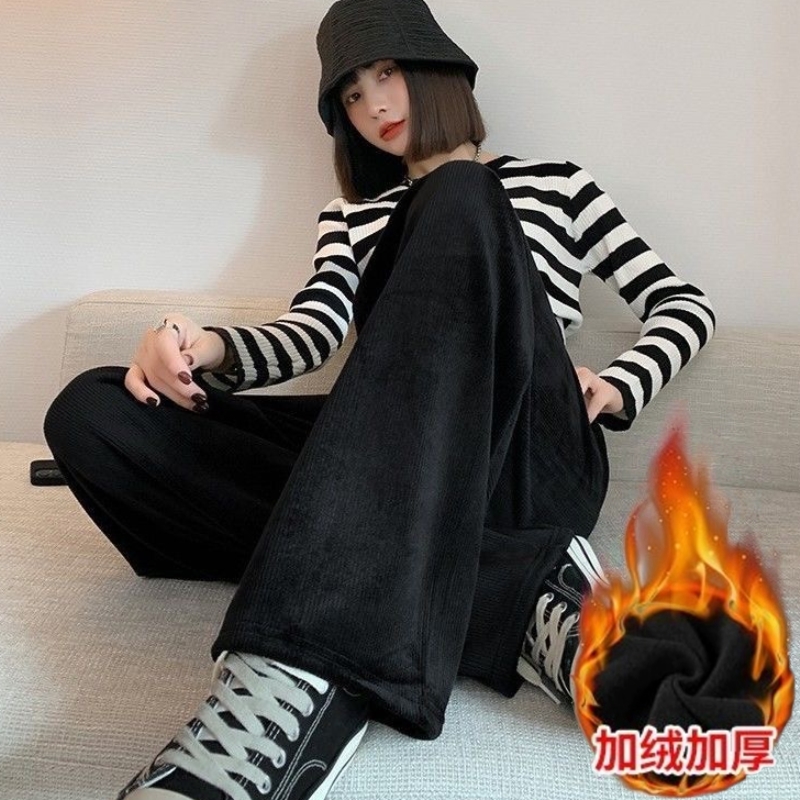 冬季新款灯芯绒女裤子加绒直筒运动裤女士潮流休闲裤宽松阔腿长裤
