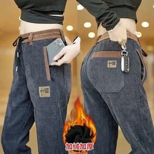 子女卫裤 中国风潮流运动直筒长裤 女士秋冬款 加绒加厚灯芯绒休闲裤