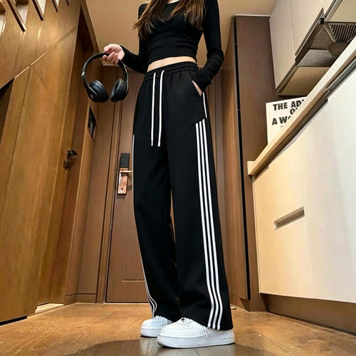 三条杆运动裤女春秋季新款宽松显瘦条纹休闲裤爆款直筒长裤子潮流