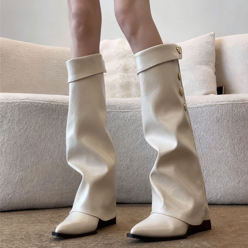 小香风尖头坡跟长筒靴女靴2025秋冬新款复古不过膝高筒裤管骑士靴
