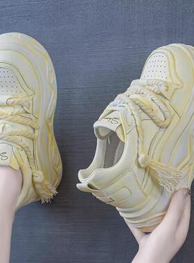 2026春新款隐形内增高9厘米 真皮防撞圆头厚底系带休闲运动鞋B773