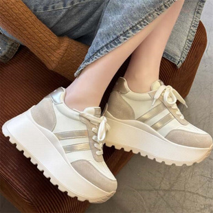 2026春秋新款 真皮百搭舒适阿厚底休闲运动女A737 隐形内增高9厘米